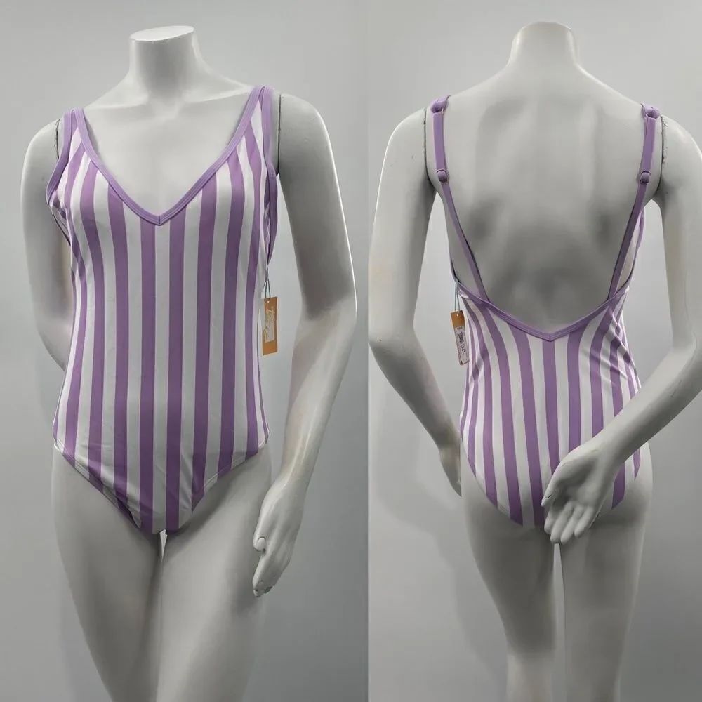 3For$20 Kona Sol purple, striped bathing suit Sizes: 18W, M, 20W
